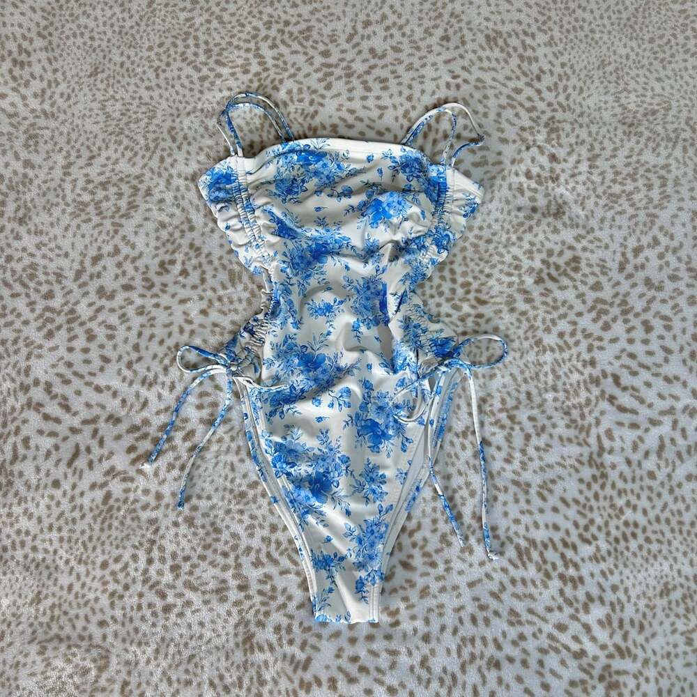 Wild Fable Blue Floral Ruched One-Piece Swimsuit Size S
